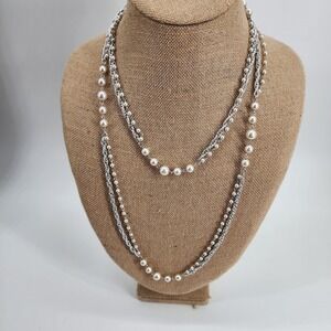 Vintage Sarah Coventry Necklace Pearl Silvertone 54" Flapper Style